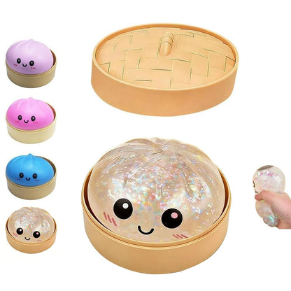 Dumpling Squishies Toy, Giant Glitter Dumpling, Colorful Dumplings Stress Balls Fidget Sensory Toy,Soft Squeeze Decompression Dough with Food Steamer, Stretchy Desk Toys (Purple)