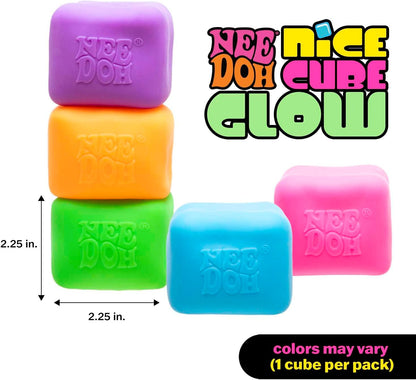 Schylling NeeDoh Nice Cube Glow - Squeeze Toy with a Super Solid Squish - Glows in The Dark - 2.25" Cube - Color May Vary (Pack of 1)