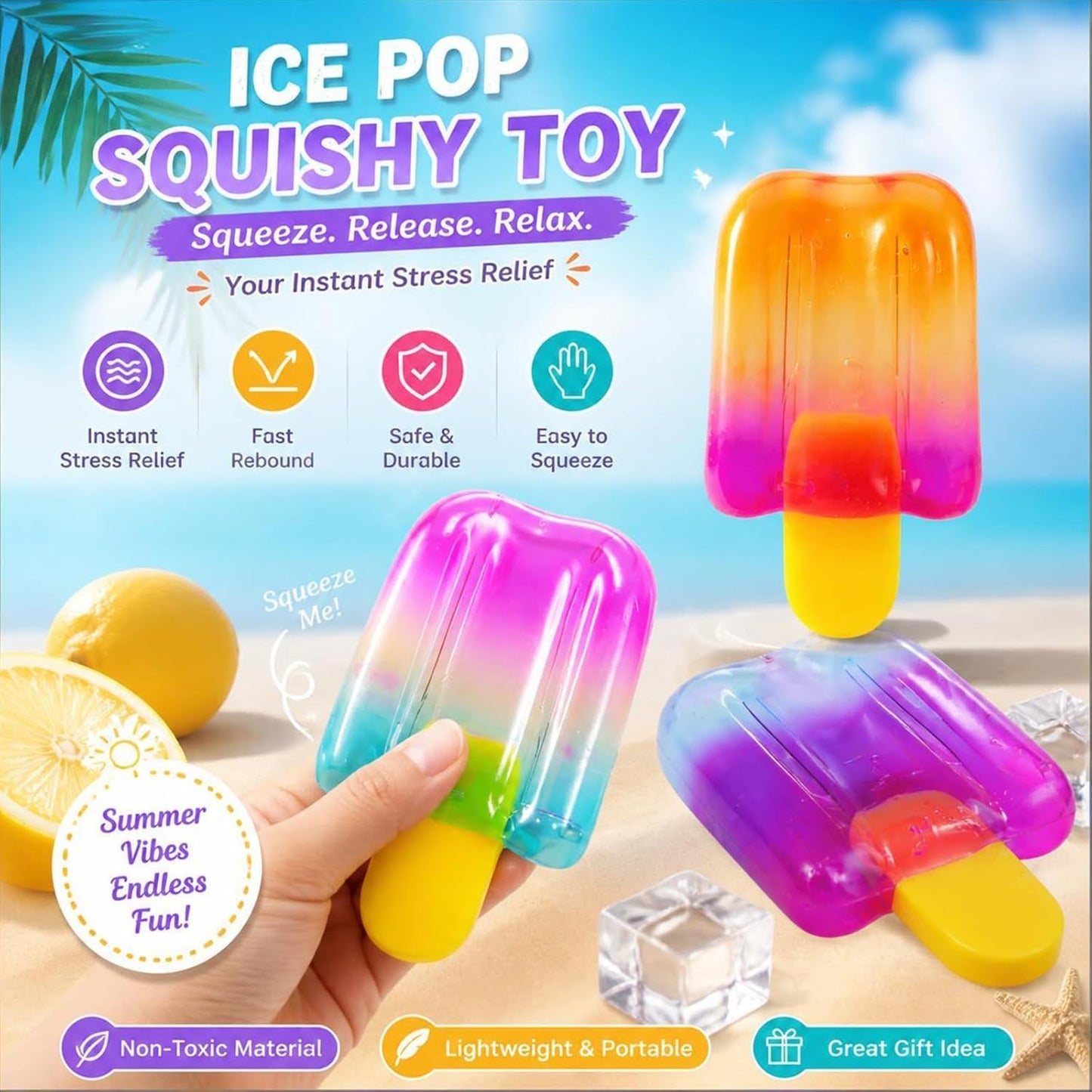 Ice Cream Squeeze Stress Relief Toy, Summer Sensory Stress Reduction, Anxiety Relief, Suitable for Everyone, Pack of 3