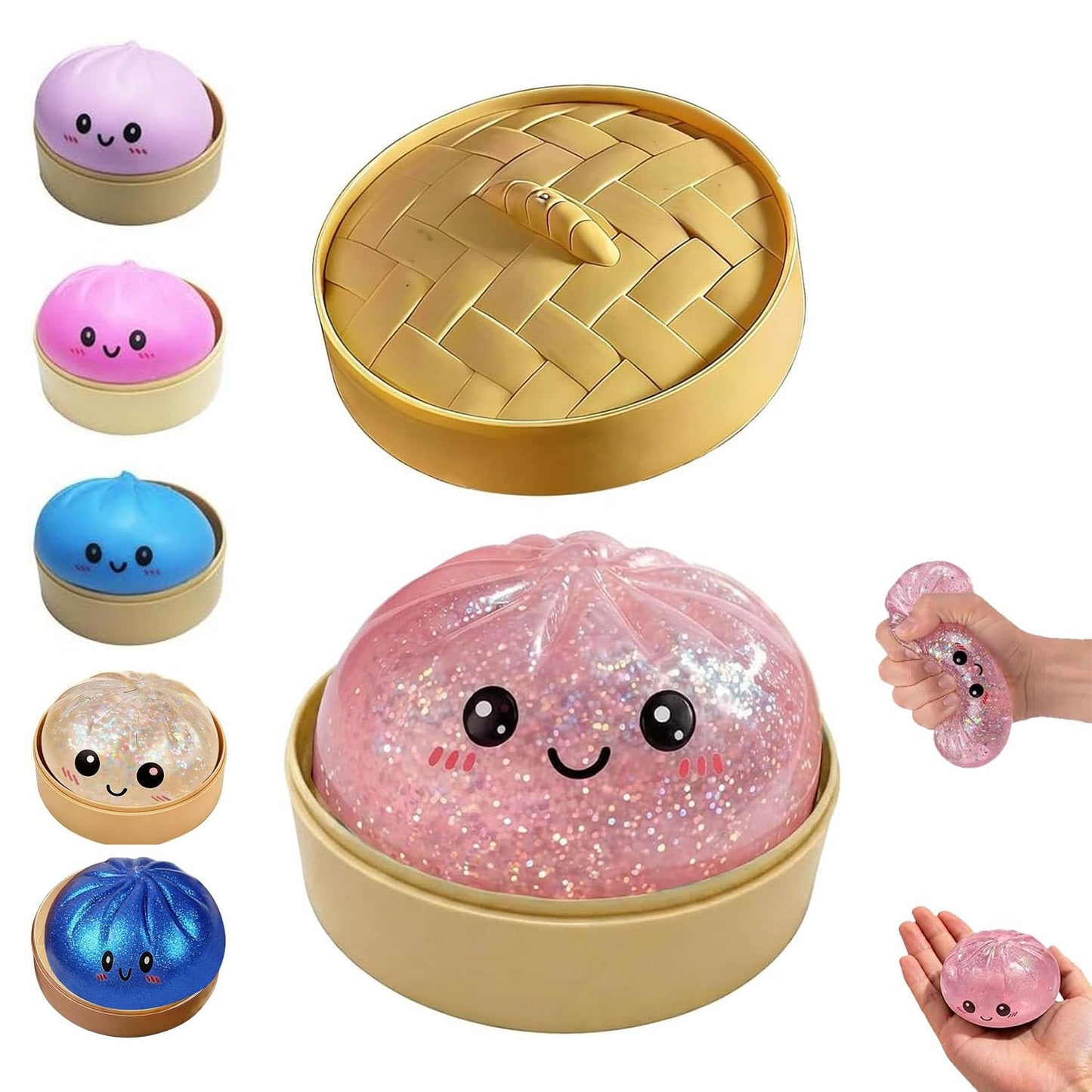 Dumpling Squishies Toy, Giant Glitter Dumpling, Colorful Dumplings Stress Balls Fidget Sensory Toy,Soft Squeeze Decompression Dough with Food Steamer, Stretchy Desk Toys (Purple)