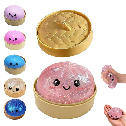 Dumpling Squishies Toy, Giant Glitter Dumpling, Colorful Dumplings Stress Balls Fidget Sensory Toy,Soft Squeeze Decompression Dough with Food Steamer, Stretchy Desk Toys (Purple)