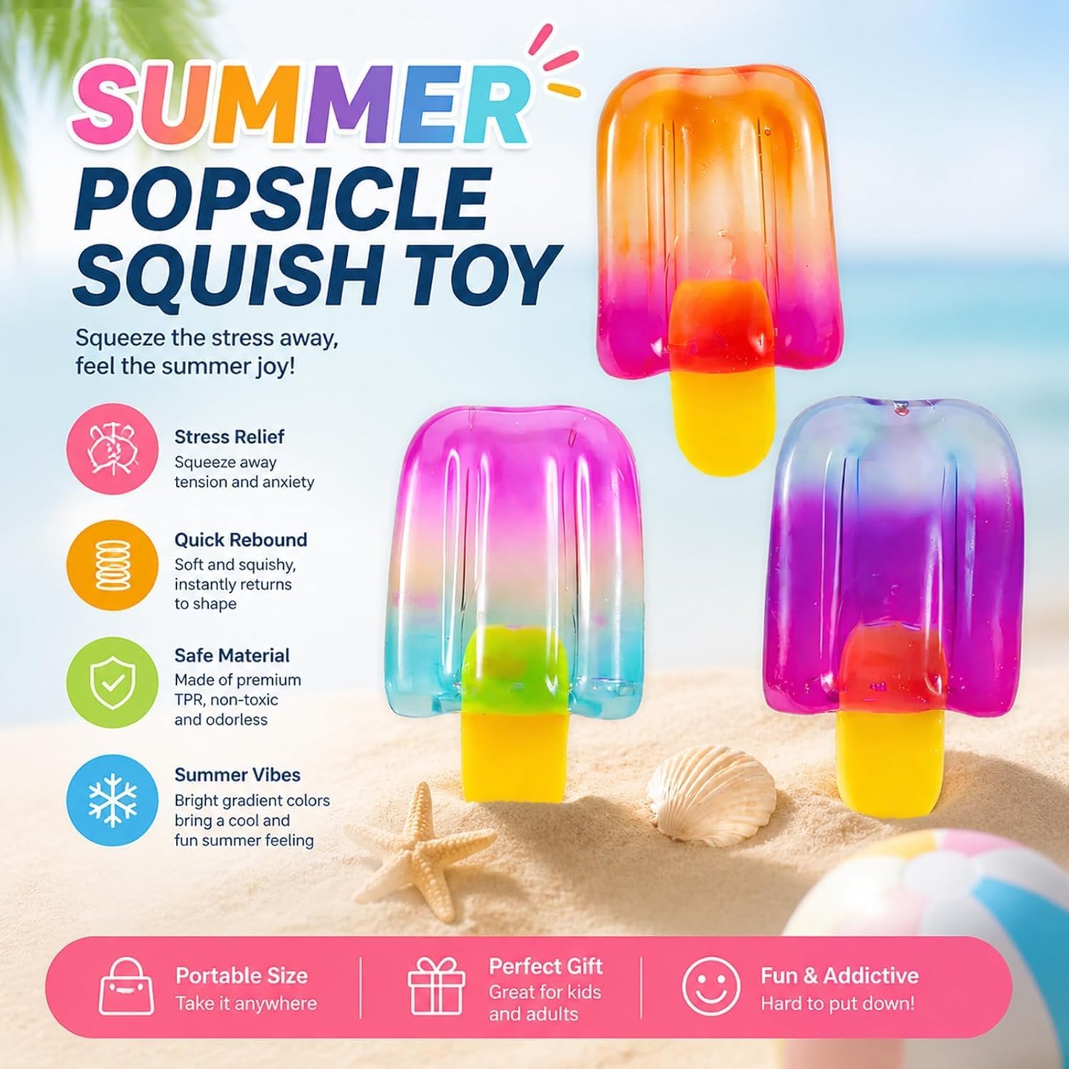 Ice Cream Squeeze Stress Relief Toy, Summer Sensory Stress Reduction, Anxiety Relief, Suitable for Everyone, Pack of 3
