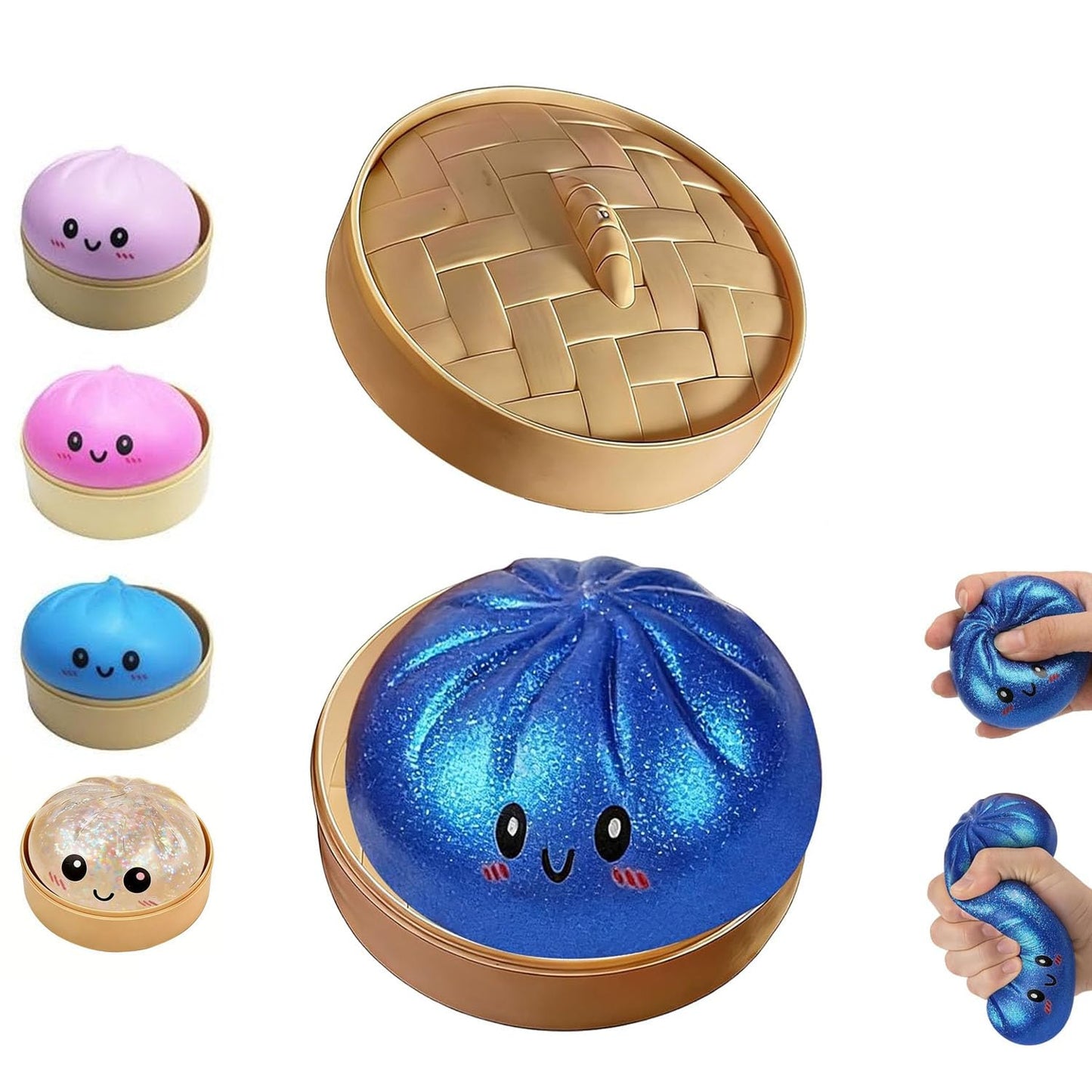Dumpling Squishies Toy, Giant Glitter Dumpling, Colorful Dumplings Stress Balls Fidget Sensory Toy,Soft Squeeze Decompression Dough with Food Steamer, Stretchy Desk Toys (Purple)