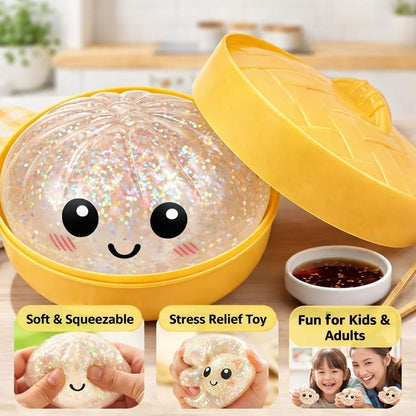 Dumpling Squishies Toy, Giant Glitter Dumpling, Colorful Dumplings Stress Balls Fidget Sensory Toy,Soft Squeeze Decompression Dough with Food Steamer, Stretchy Desk Toys (Purple)