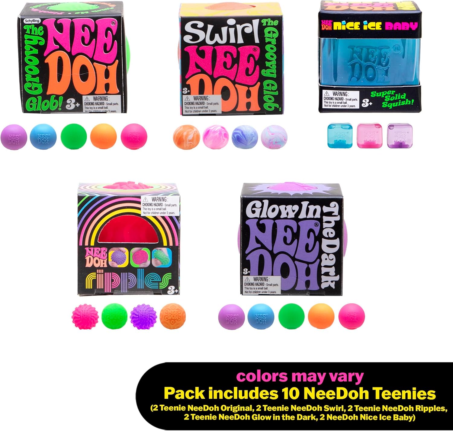 NeeDoh Teenie 10-Pack - 5 Styles of Teenie Squishies- Nice Ice Baby, Original, Swirl, Ripples, Glow - Ages 3 and Up - 10 Teenies Per Pack