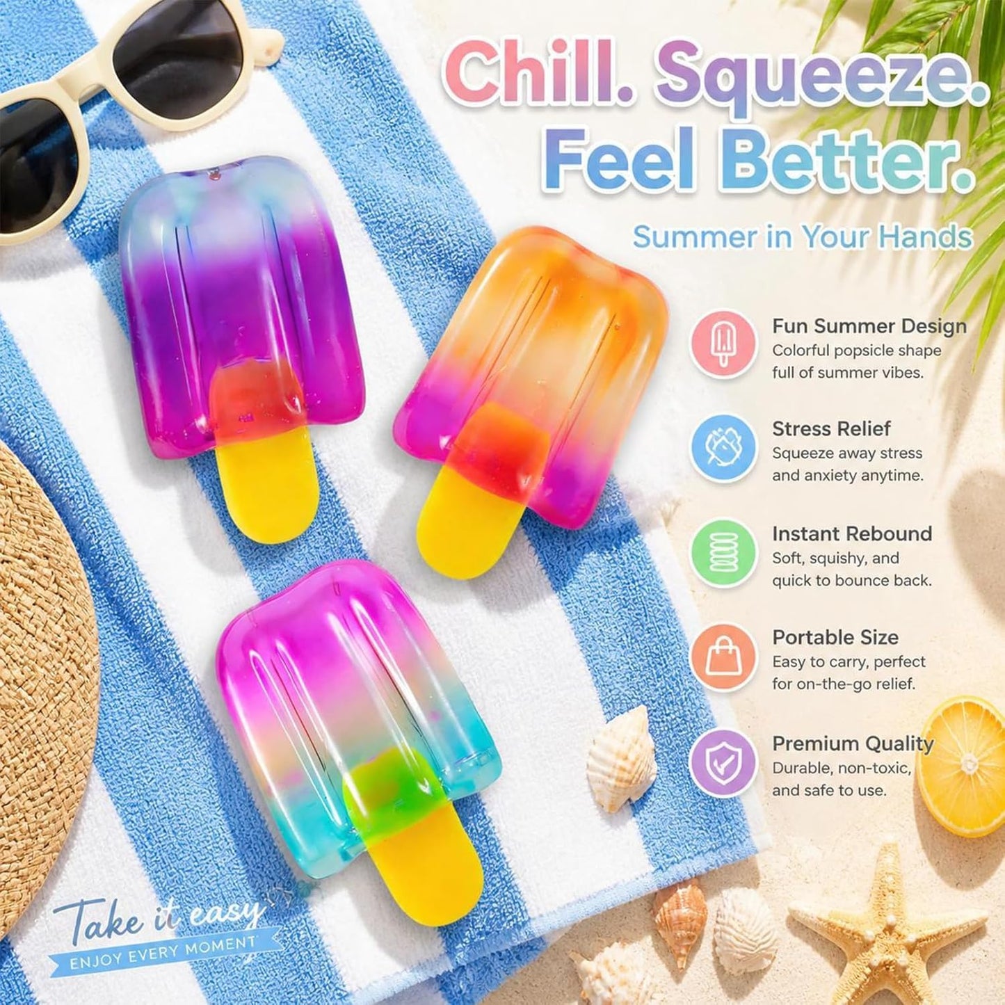Ice Cream Squeeze Stress Relief Toy, Summer Sensory Stress Reduction, Anxiety Relief, Suitable for Everyone, Pack of 3