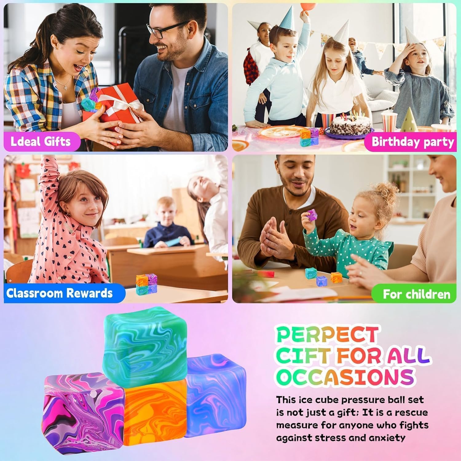4Pcs Needoh-Nice Squishy Cube, Ice Cube Stress Relief Fidget Toys, Squeeze Doh Cube Squishy Fidget Toys for Kids Adults, Sensory Stress Balls for Autism Anxiety Relief (small)