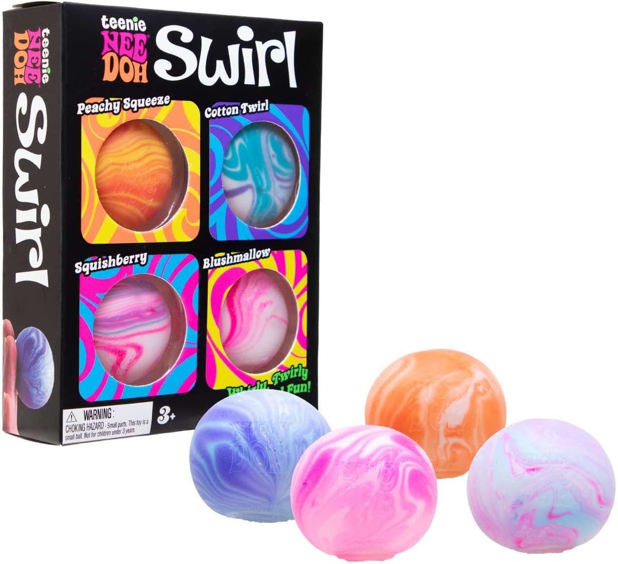 Colorful marbled balls with packaging labeled 'teenie DEE DOH Swirl' on a white background.