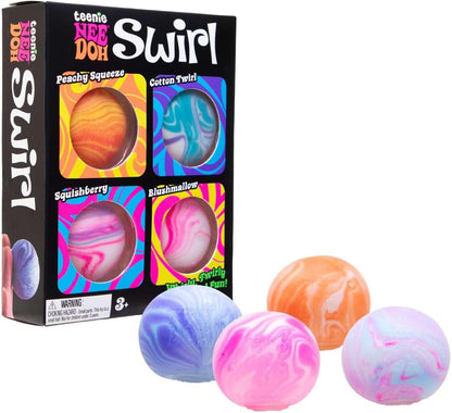 Colorful marbled balls with packaging labeled 'teenie DEE DOH Swirl' on a white background.
